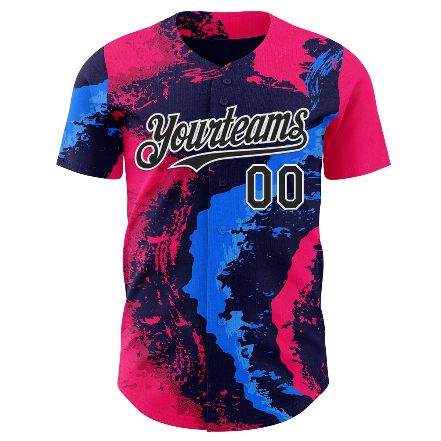 Custom Pink Black Blue-White Geometric Patchwork Asymmetry Fluid Swirl Splatter Authentic Baseball Jersey view 2