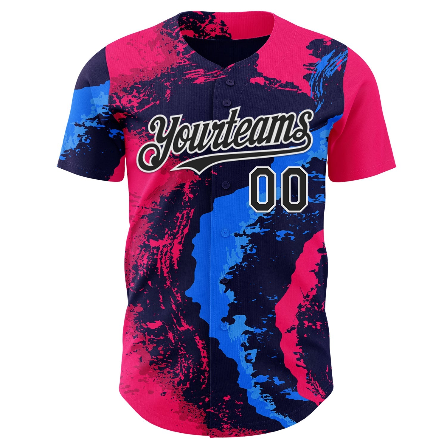 Custom Pink Black Blue-White Geometric Patchwork Asymmetry Fluid Swirl Splatter Authentic Baseball Jersey view 2