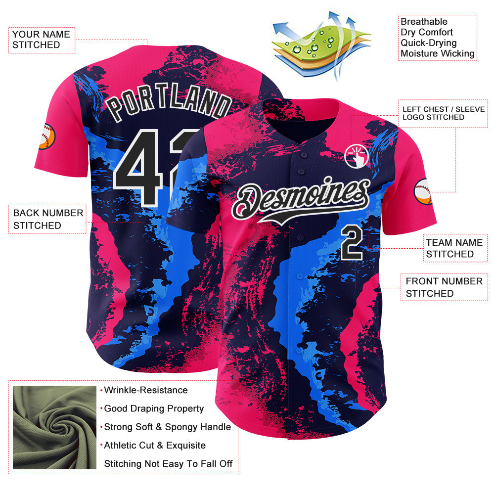 Custom Pink Black Blue-White Geometric Patchwork Asymmetry Fluid Swirl Splatter Authentic Baseball Jersey view 3