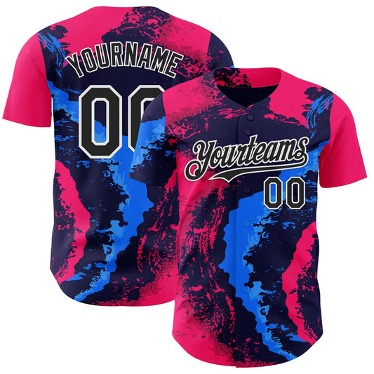 Custom Pink Black Blue-White Geometric Patchwork Asymmetry Fluid Swirl Splatter Authentic Baseball Jersey - Main View
