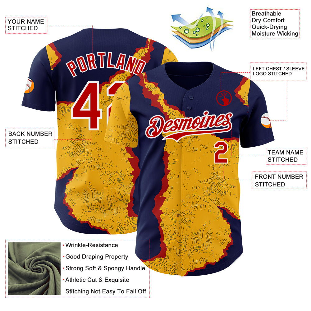 Custom Navy Red Gold-White Geometric Patchwork Asymmetry Torn Authentic Baseball Jersey view 3