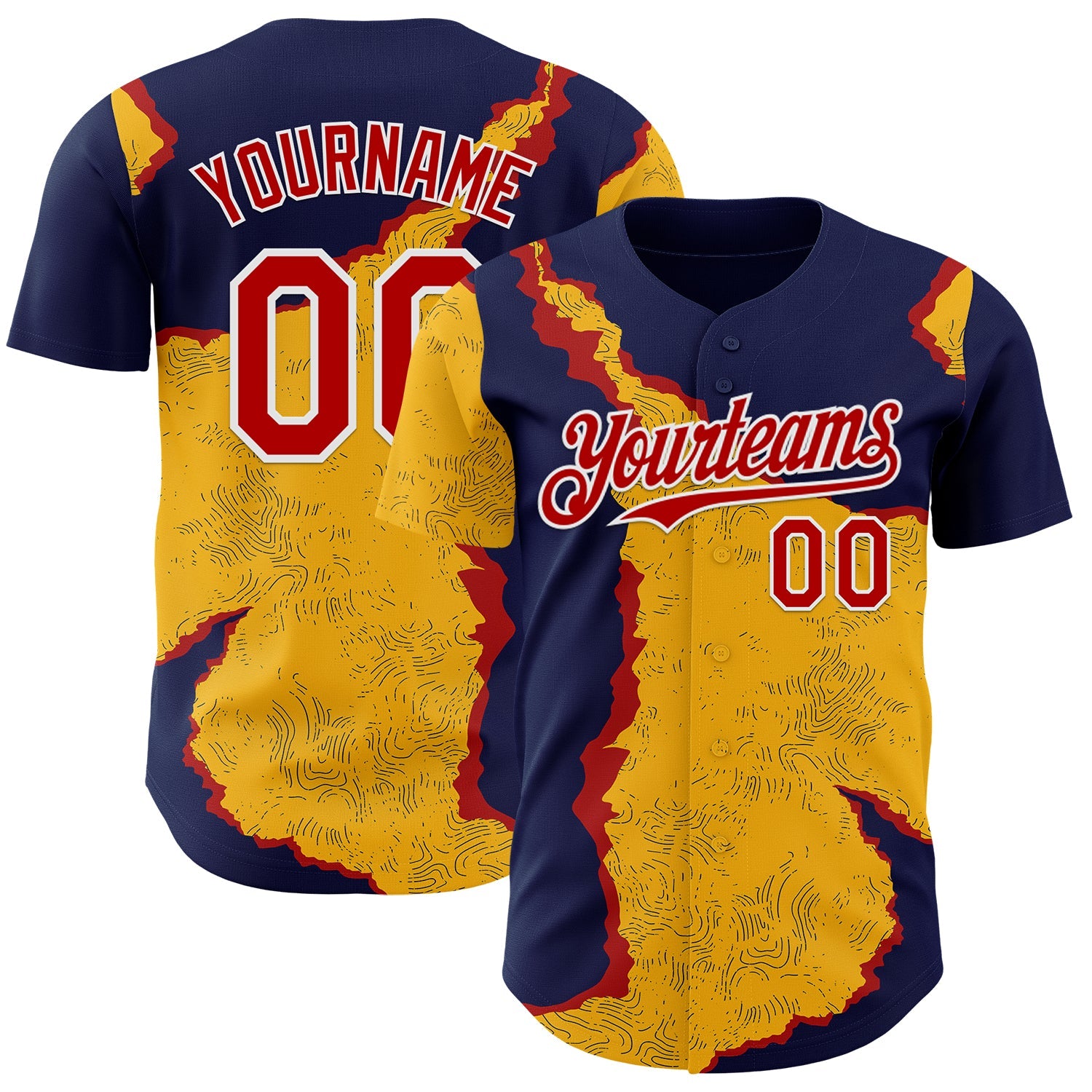 Custom Navy Red Gold-White Geometric Patchwork Asymmetry Torn Authentic Baseball Jersey - Main View