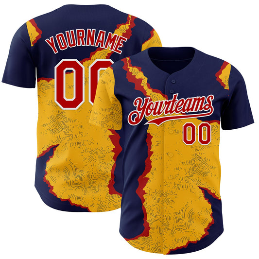 Custom Navy Red Gold-White Geometric Patchwork Asymmetry Torn Authentic Baseball Jersey - Main View