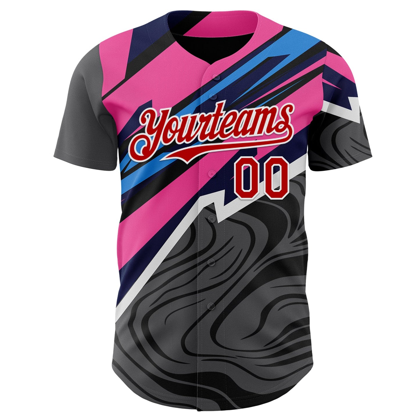 Custom Gray Red Pink Blue-White Geometric Patchwork Asymmetry Fluid Swirl Authentic Baseball Jersey view 2