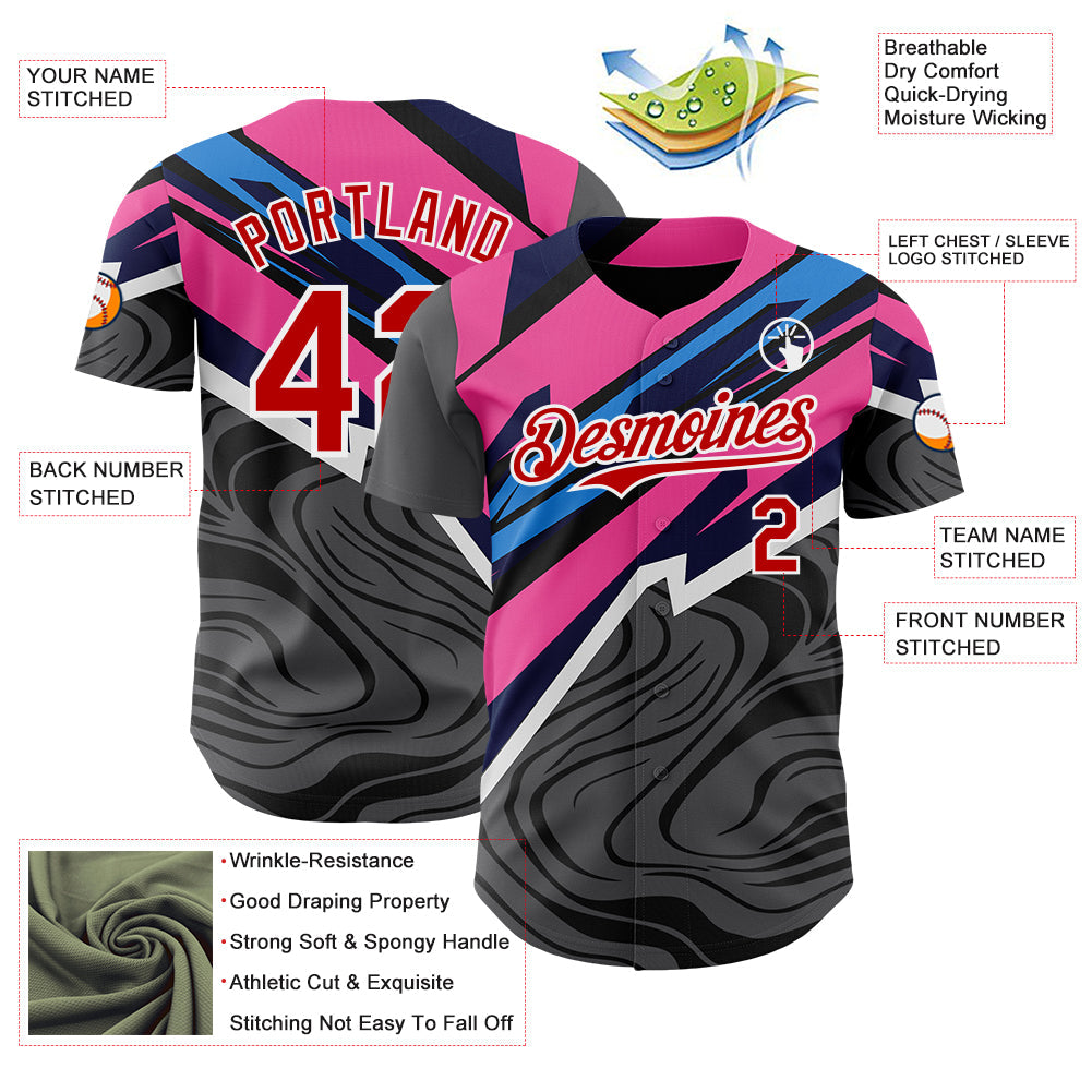 Custom Gray Red Pink Blue-White Geometric Patchwork Asymmetry Fluid Swirl Authentic Baseball Jersey view 3