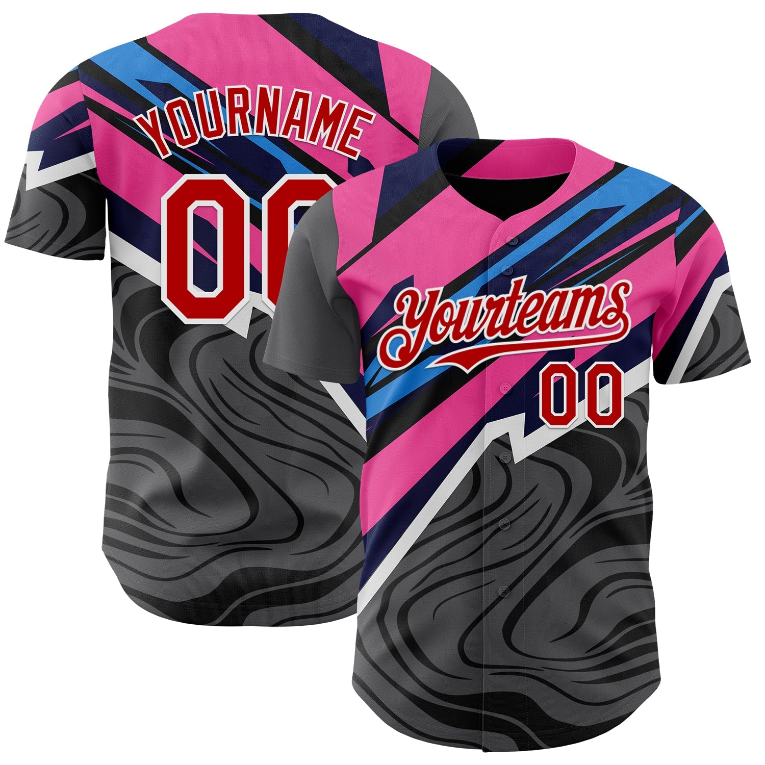 Custom Gray Red Pink Blue-White Geometric Patchwork Asymmetry Fluid Swirl Authentic Baseball Jersey - Main View