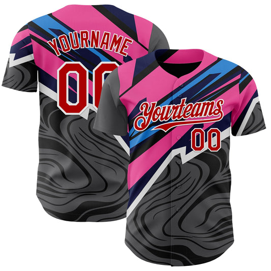 Custom Gray Red Pink Blue-White Geometric Patchwork Asymmetry Fluid Swirl Authentic Baseball Jersey - Main View