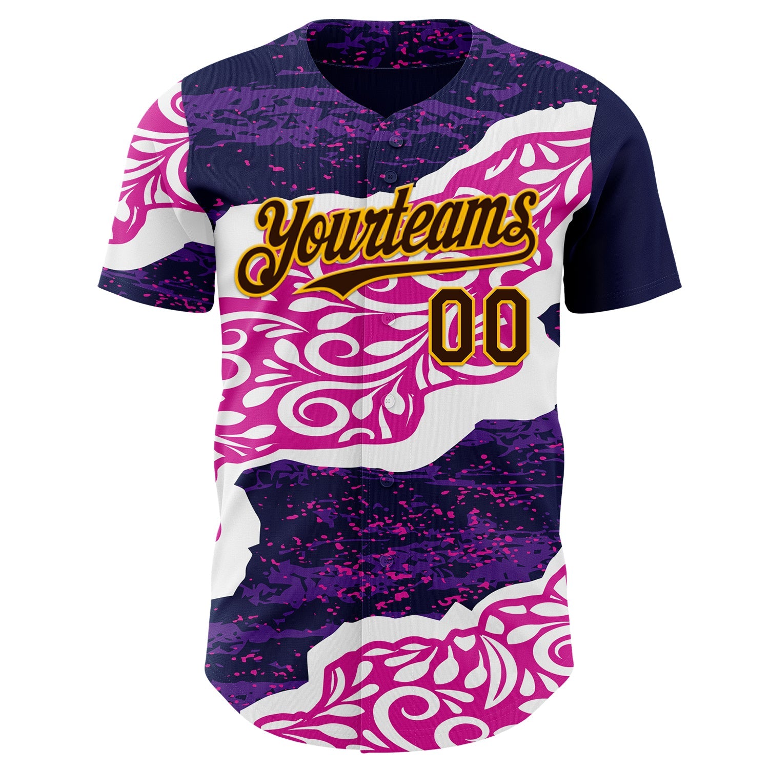 Custom Purple Brown Deep Pink-Gold Geometric Patchwork Asymmetry Torn Tropical Floral Authentic Baseball Jersey view 2