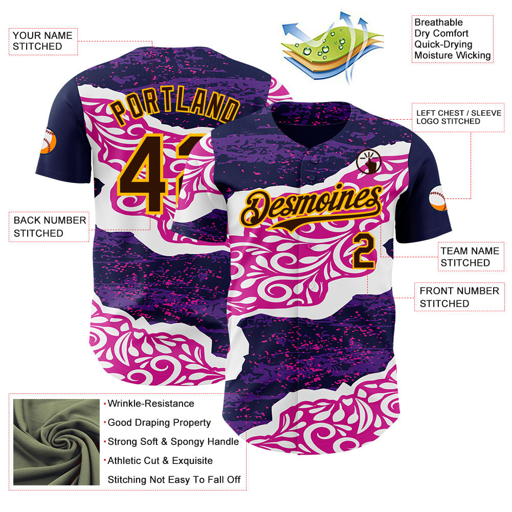 Custom Purple Brown Deep Pink-Gold Geometric Patchwork Asymmetry Torn Tropical Floral Authentic Baseball Jersey view 3
