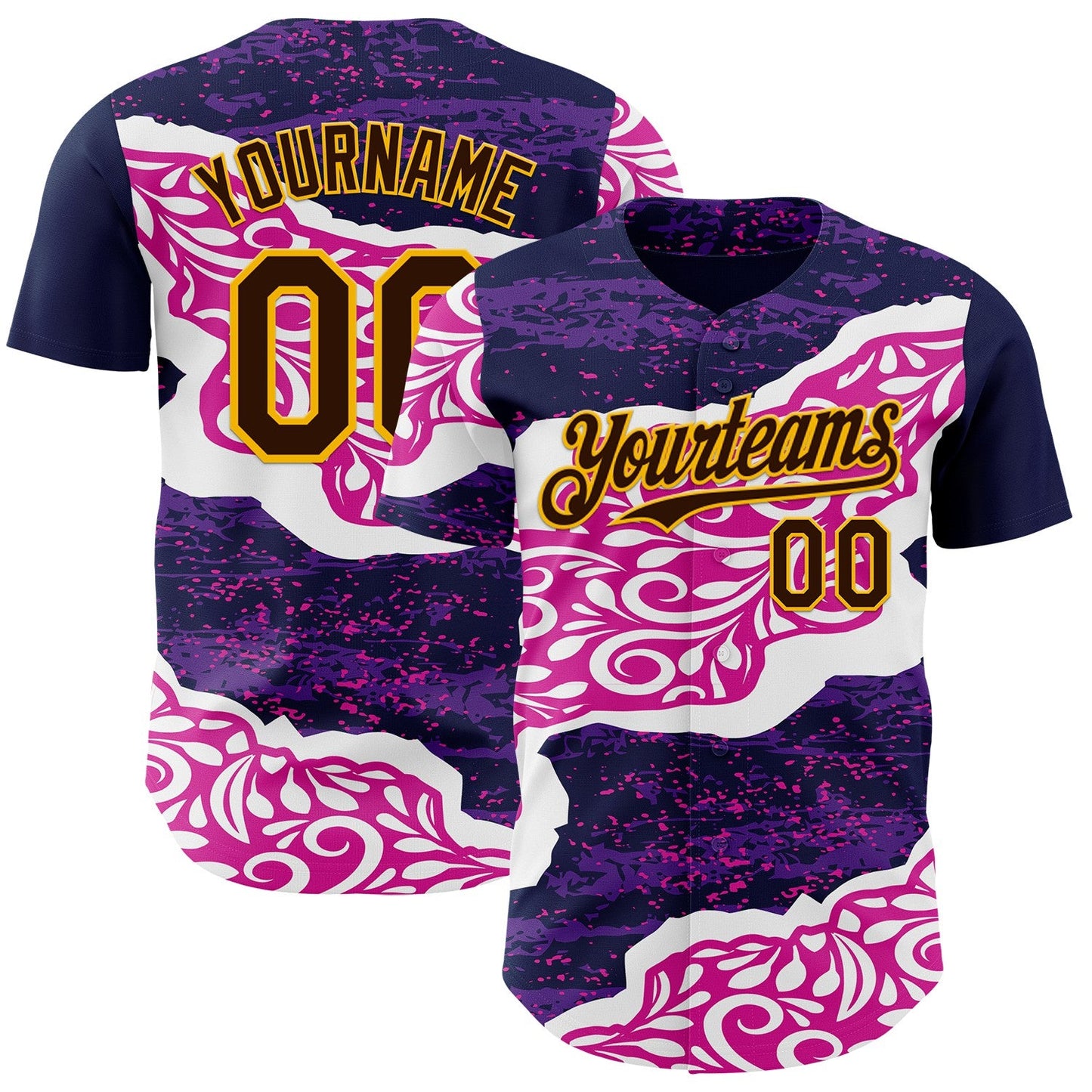 Custom Purple Brown Deep Pink-Gold Geometric Patchwork Asymmetry Torn Tropical Floral Authentic Baseball Jersey - Main View
