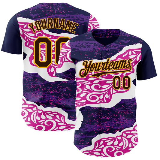 Custom Purple Brown Deep Pink-Gold Geometric Patchwork Asymmetry Torn Tropical Floral Authentic Baseball Jersey - Main View