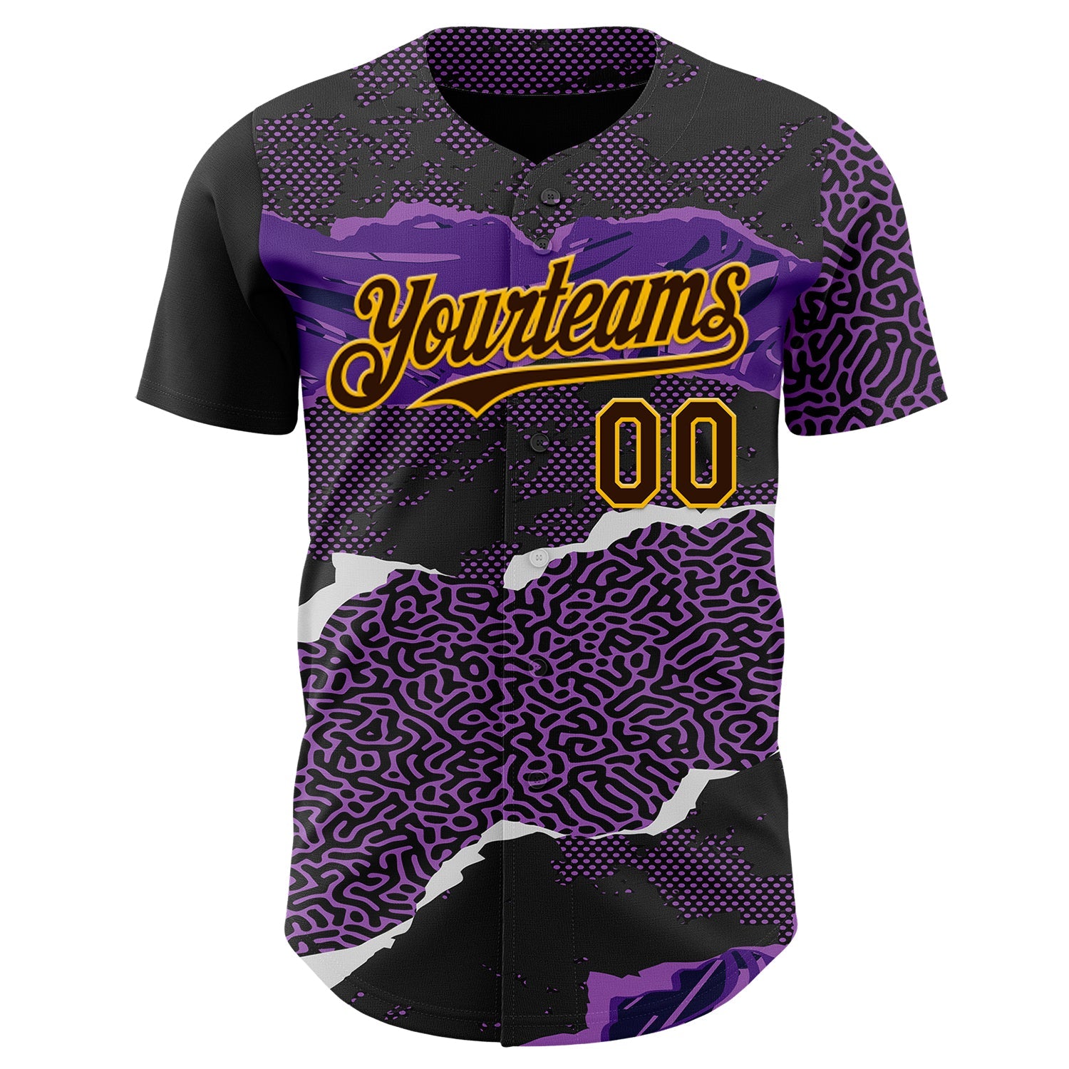 Custom Purple Brown Black-Gold Geometric Patchwork Asymmetry Torn Authentic Baseball Jersey view 2