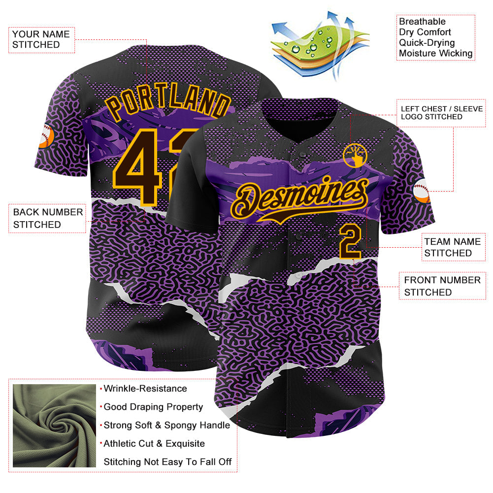 Custom Purple Brown Black-Gold Geometric Patchwork Asymmetry Torn Authentic Baseball Jersey view 3