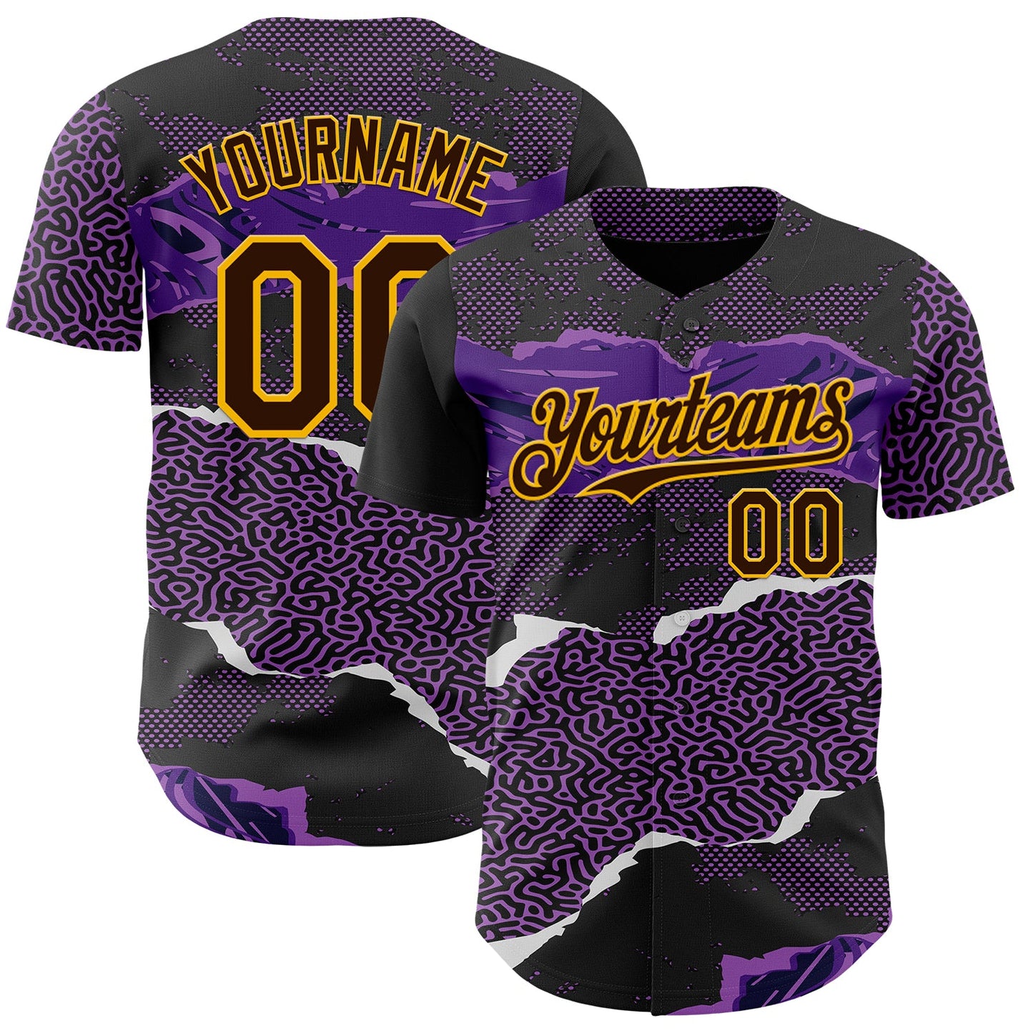 Custom Purple Brown Black-Gold Geometric Patchwork Asymmetry Torn Authentic Baseball Jersey - Main View