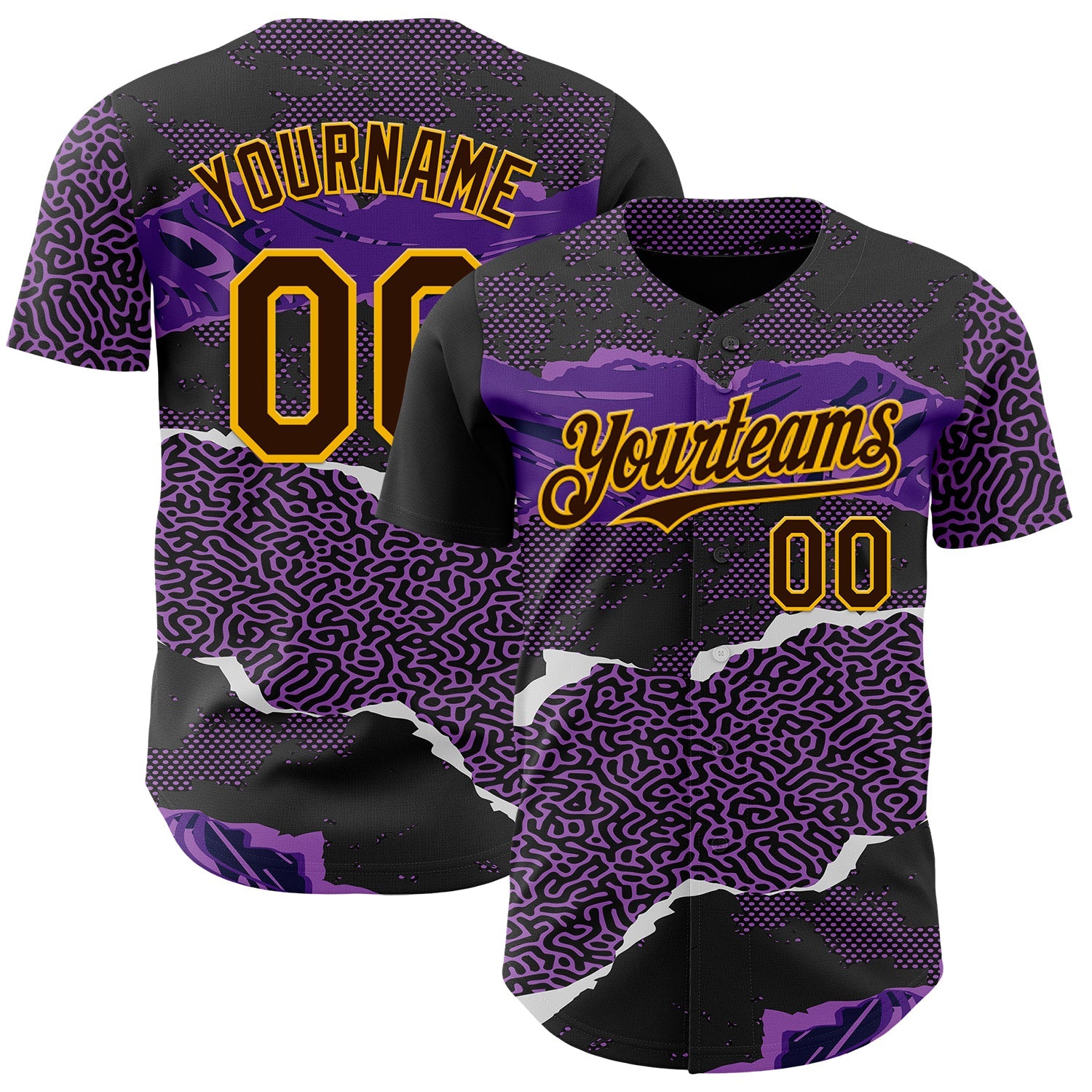 Custom Purple Brown Black-Gold Geometric Patchwork Asymmetry Torn Authentic Baseball Jersey - Main View