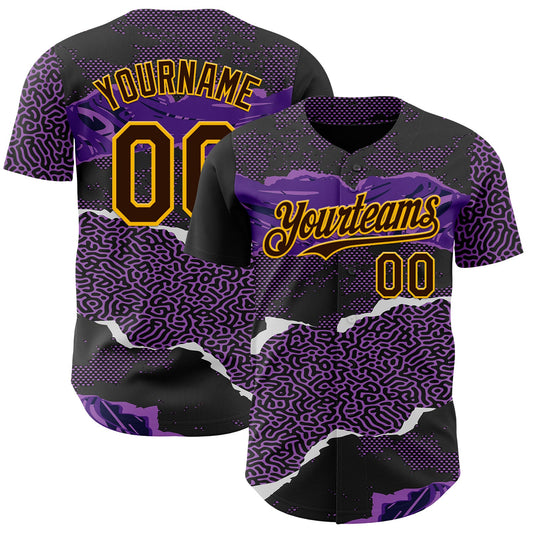 Custom Purple Brown Black-Gold Geometric Patchwork Asymmetry Torn Authentic Baseball Jersey - Main View