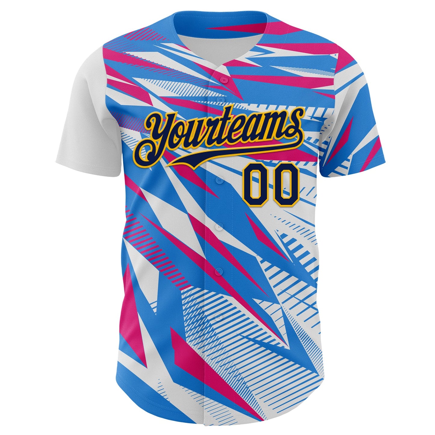 Custom White Navy Blue Hot Pink-Gold Geometric Patchwork Asymmetry Authentic Baseball Jersey view 2