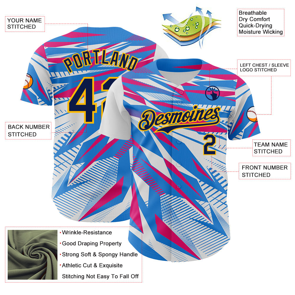 Custom White Navy Blue Hot Pink-Gold Geometric Patchwork Asymmetry Authentic Baseball Jersey view 3
