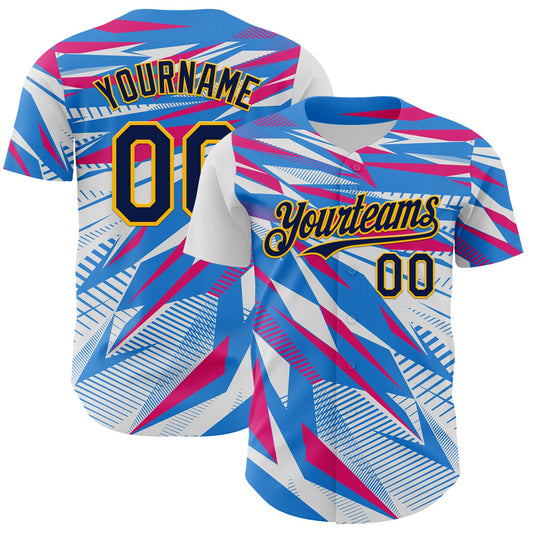 Custom White Navy Blue Hot Pink-Gold Geometric Patchwork Asymmetry Authentic Baseball Jersey - Main View