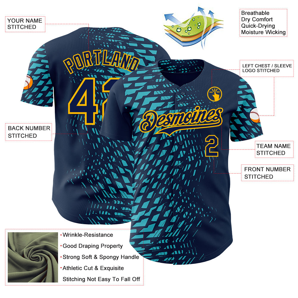 Custom Blue Navy-Gold Geometric Patchwork Asymmetry Authentic Baseball Jersey view 3