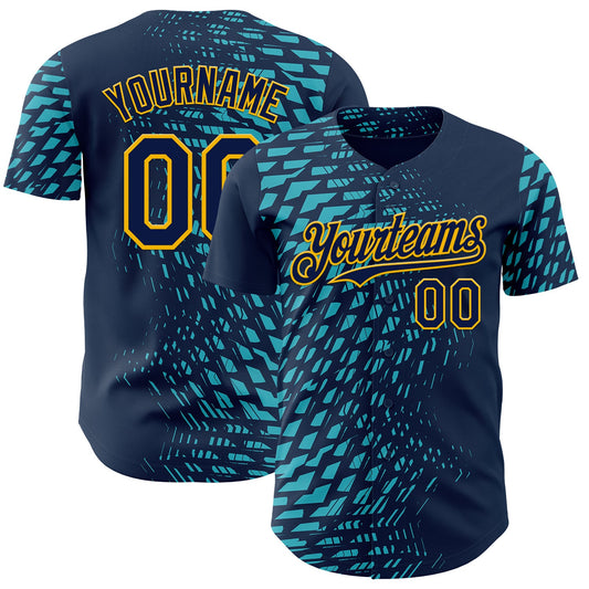 Custom Blue Navy-Gold Geometric Patchwork Asymmetry Authentic Baseball Jersey - Main View