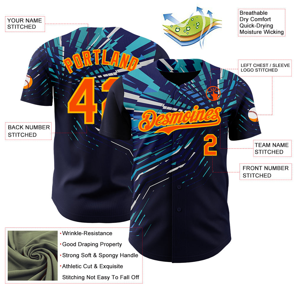 Custom Blue Orange-Gold Geometric Patchwork Asymmetry Authentic Baseball Jersey view 3
