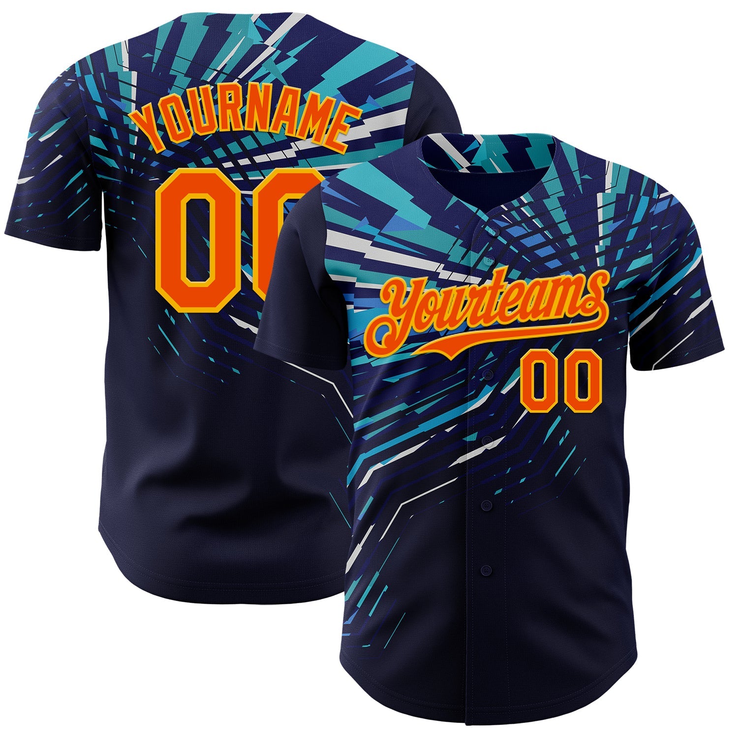Custom Blue Orange-Gold Geometric Patchwork Asymmetry Authentic Baseball Jersey - Main View