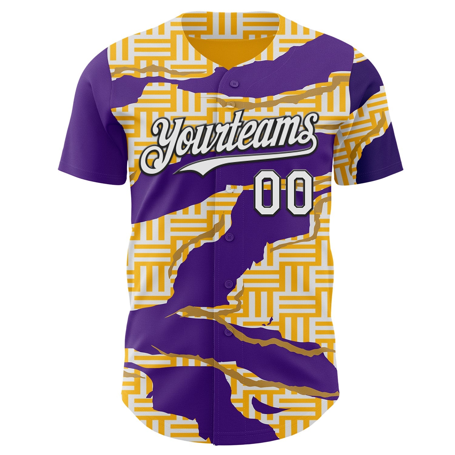 Custom Gold White Purple-Black Geometric Patchwork Asymmetry Torn Authentic Baseball Jersey view 2