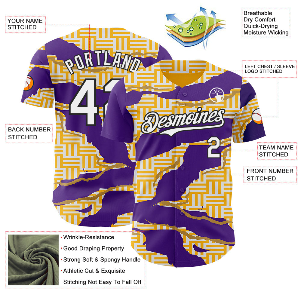 Custom Gold White Purple-Black Geometric Patchwork Asymmetry Torn Authentic Baseball Jersey view 3