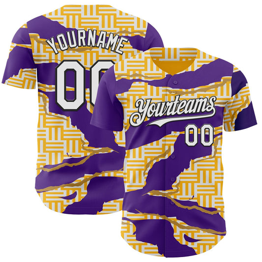 Custom Gold White Purple-Black Geometric Patchwork Asymmetry Torn Authentic Baseball Jersey - Main View