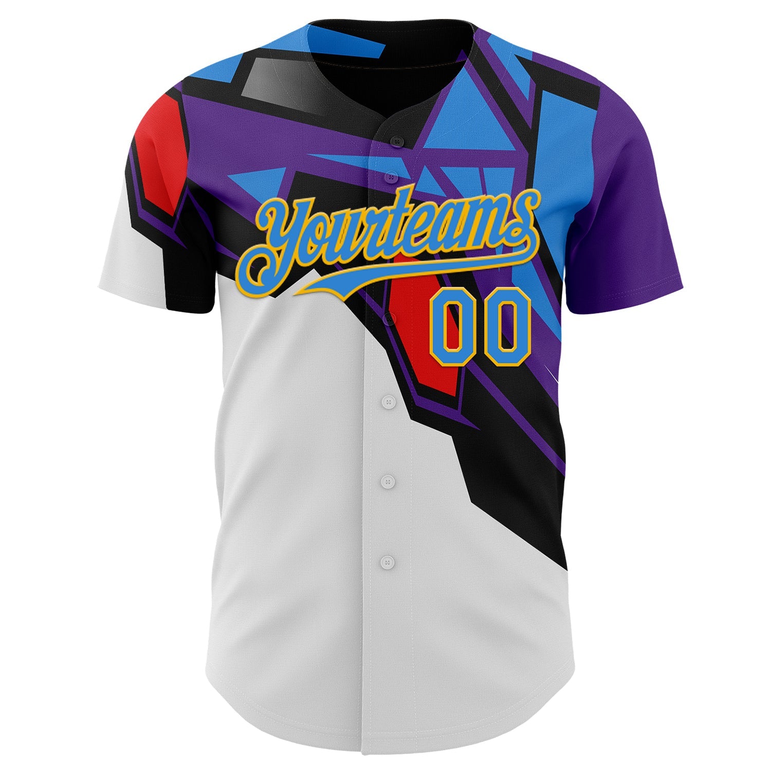 Custom Black Electric Blue Purple Red-Gold Geometric Patchwork Asymmetry Authentic Baseball Jersey view 2