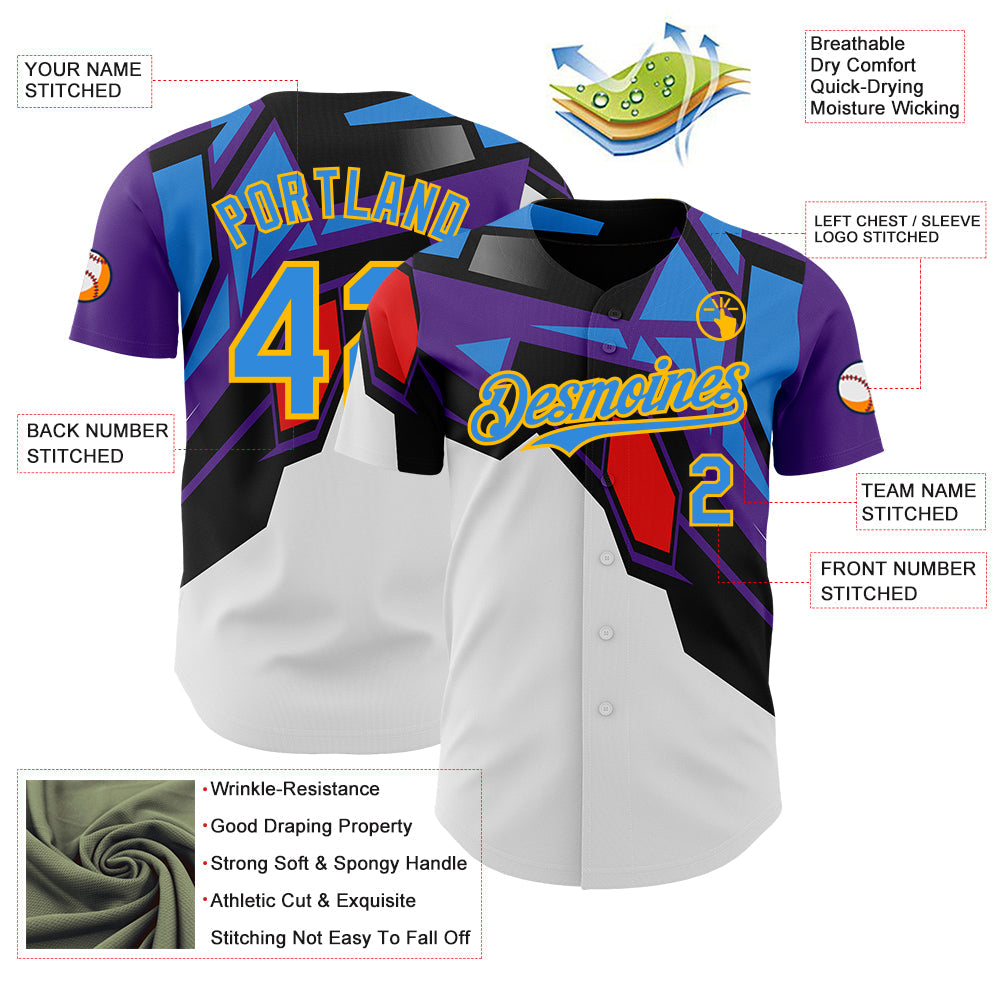 Custom Black Electric Blue Purple Red-Gold Geometric Patchwork Asymmetry Authentic Baseball Jersey view 3