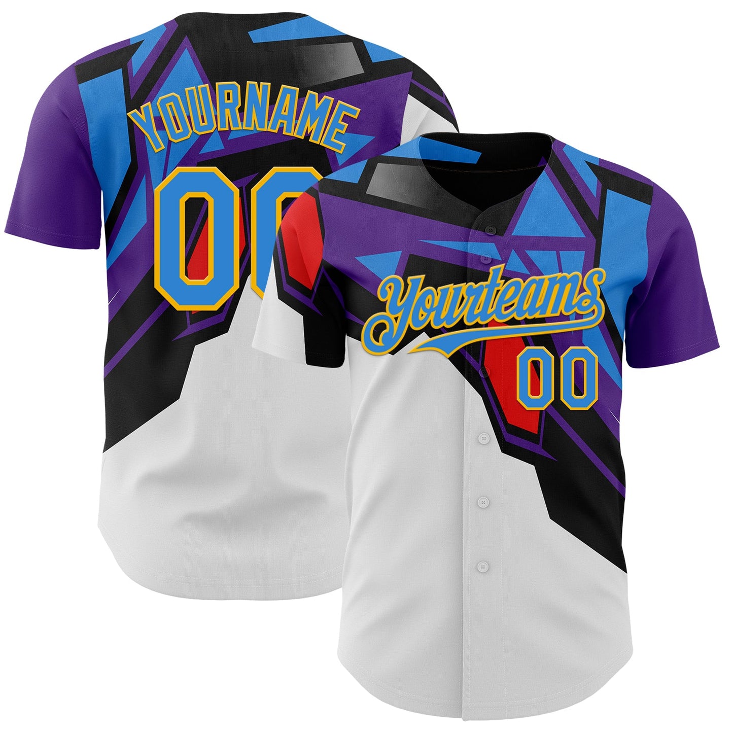 Custom Black Electric Blue Purple Red-Gold Geometric Patchwork Asymmetry Authentic Baseball Jersey - Main View