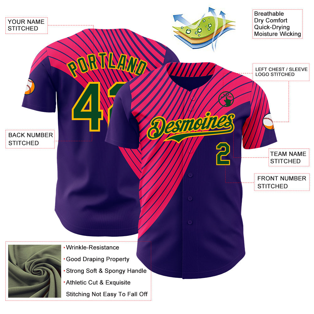 Custom Purple Green Hot Pink-Gold Geometric Patchwork Asymmetry Authentic Baseball Jersey view 3