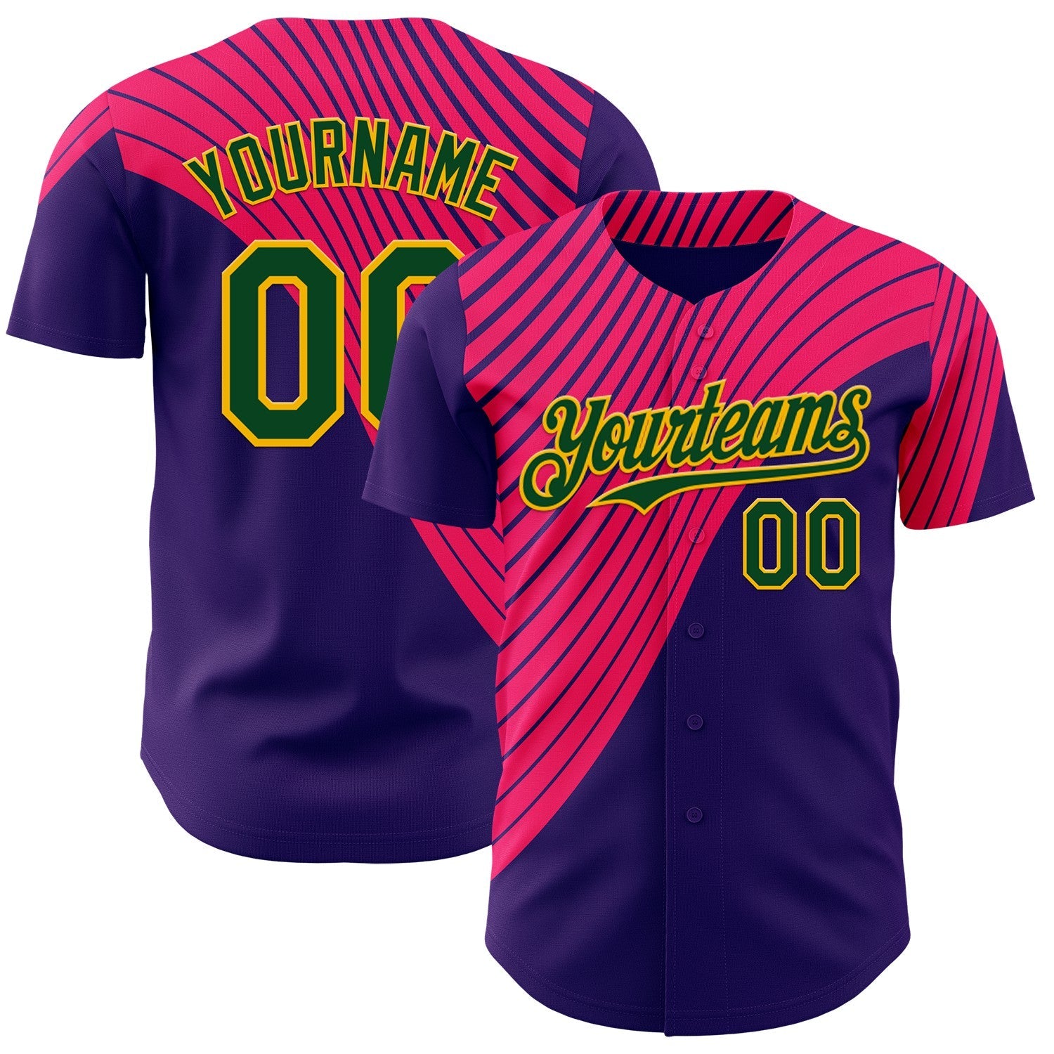 Custom Purple Green Hot Pink-Gold Geometric Patchwork Asymmetry Authentic Baseball Jersey - Main View
