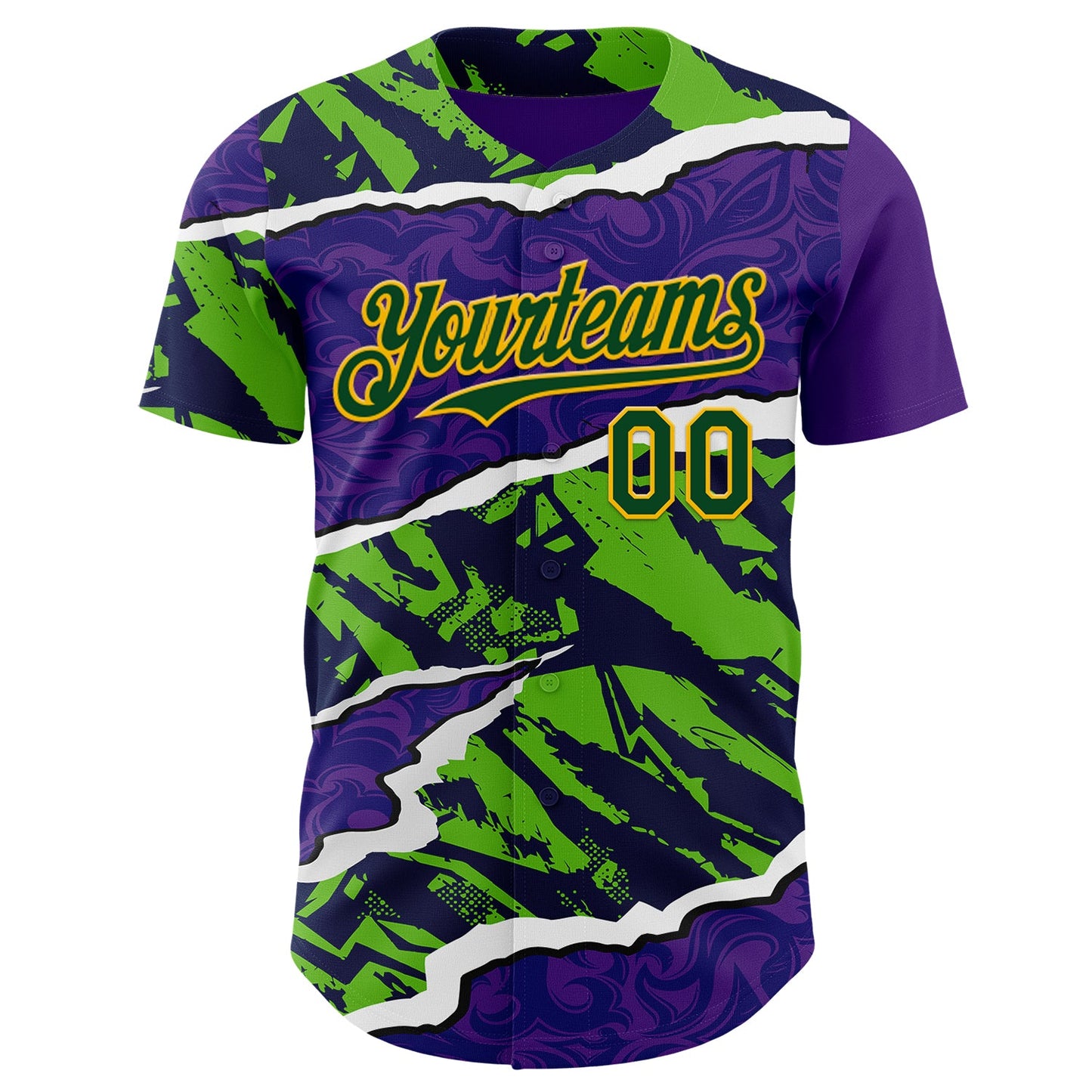 Custom Purple Green-Gold Geometric Patchwork Asymmetry Torn Authentic Baseball Jersey view 2