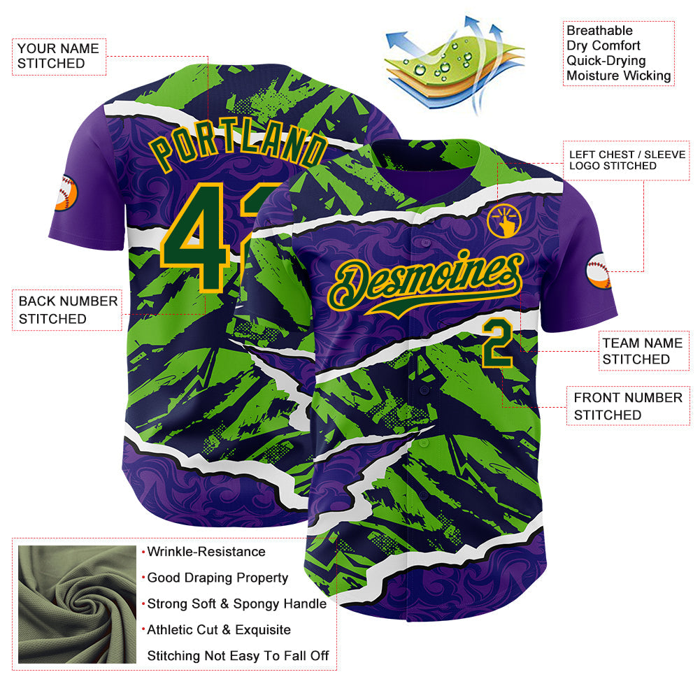 Custom Purple Green-Gold Geometric Patchwork Asymmetry Torn Authentic Baseball Jersey view 3