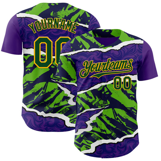 Custom Purple Green-Gold Geometric Patchwork Asymmetry Torn Authentic Baseball Jersey - Main View