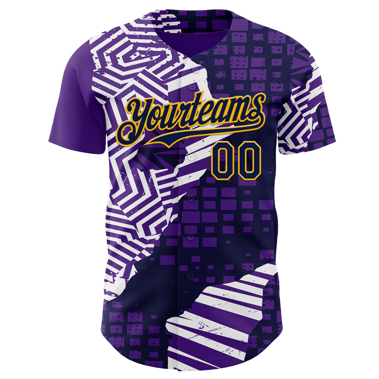 Custom Purple Navy-Gold Geometric Patchwork Asymmetry Torn Authentic Baseball Jersey view 2