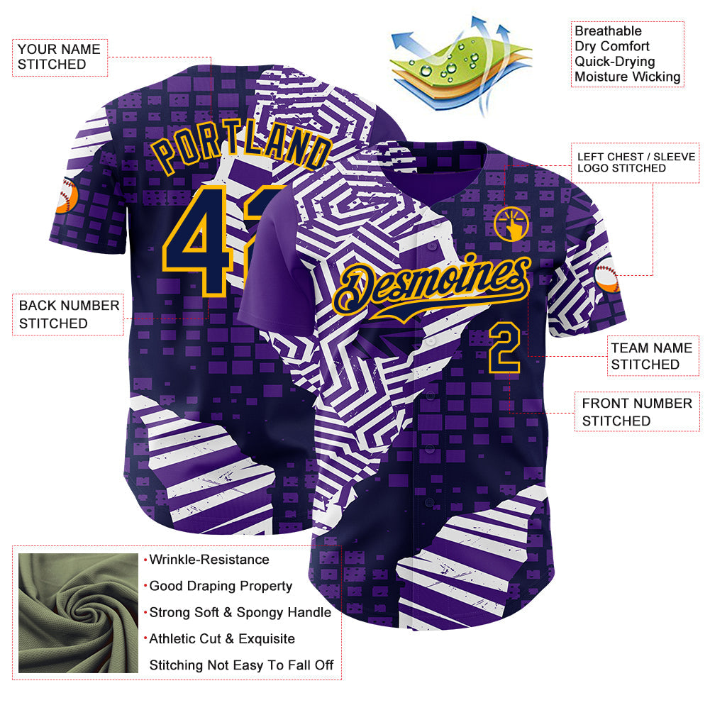 Custom Purple Navy-Gold Geometric Patchwork Asymmetry Torn Authentic Baseball Jersey view 3