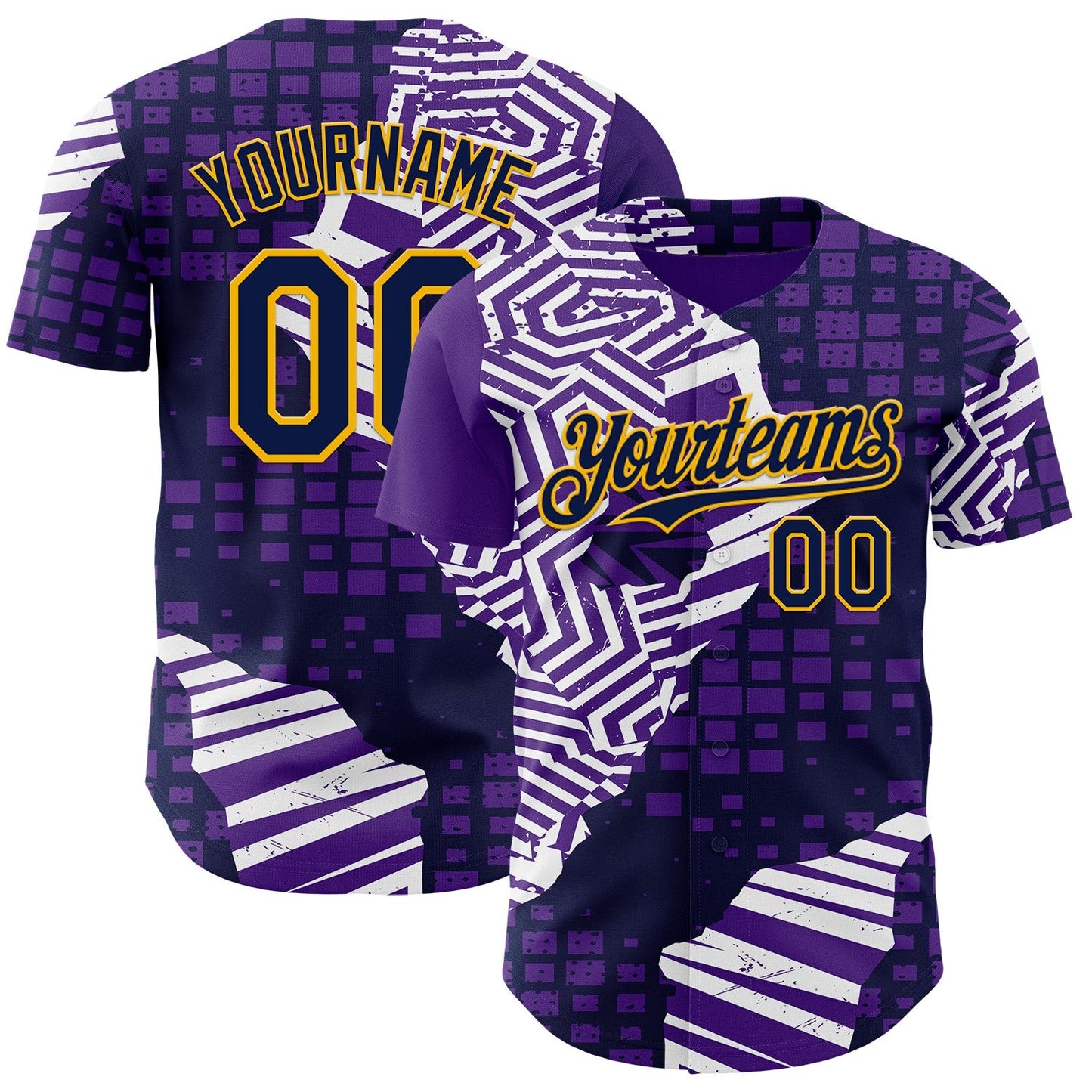 Custom Purple Navy-Gold Geometric Patchwork Asymmetry Torn Authentic Baseball Jersey - Main View