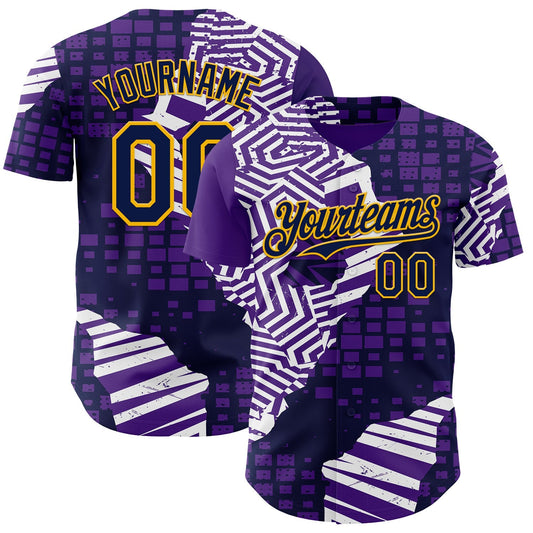 Custom Purple Navy-Gold Geometric Patchwork Asymmetry Torn Authentic Baseball Jersey - Main View