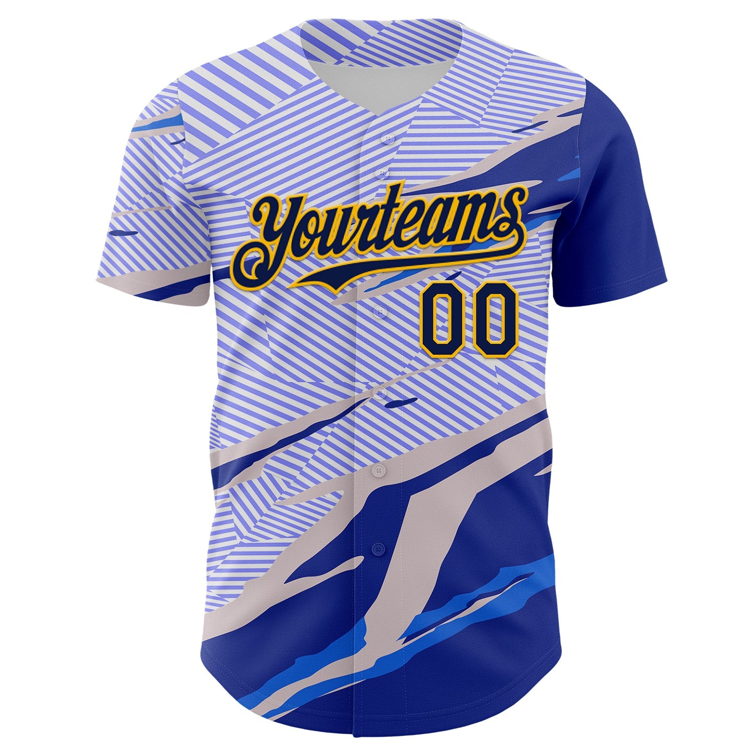 Custom Blue Navy Gray-Gold Geometric Patchwork Asymmetry Torn Authentic Baseball Jersey view 2