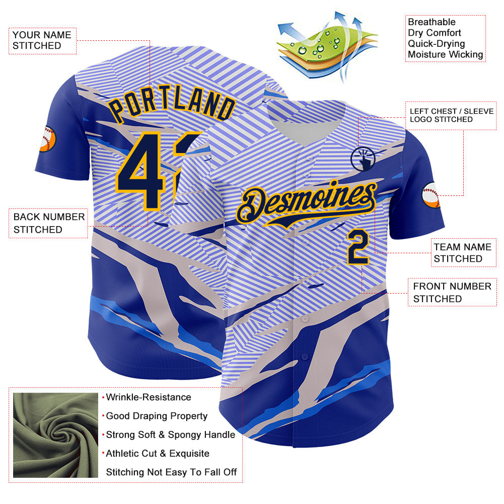 Custom Blue Navy Gray-Gold Geometric Patchwork Asymmetry Torn Authentic Baseball Jersey view 3