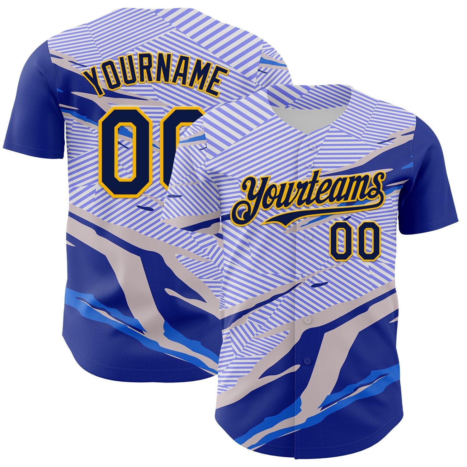 Custom Blue Navy Gray-Gold Geometric Patchwork Asymmetry Torn Authentic Baseball Jersey - Main View