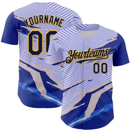 Custom Blue Navy Gray-Gold Geometric Patchwork Asymmetry Torn Authentic Baseball Jersey - Main View