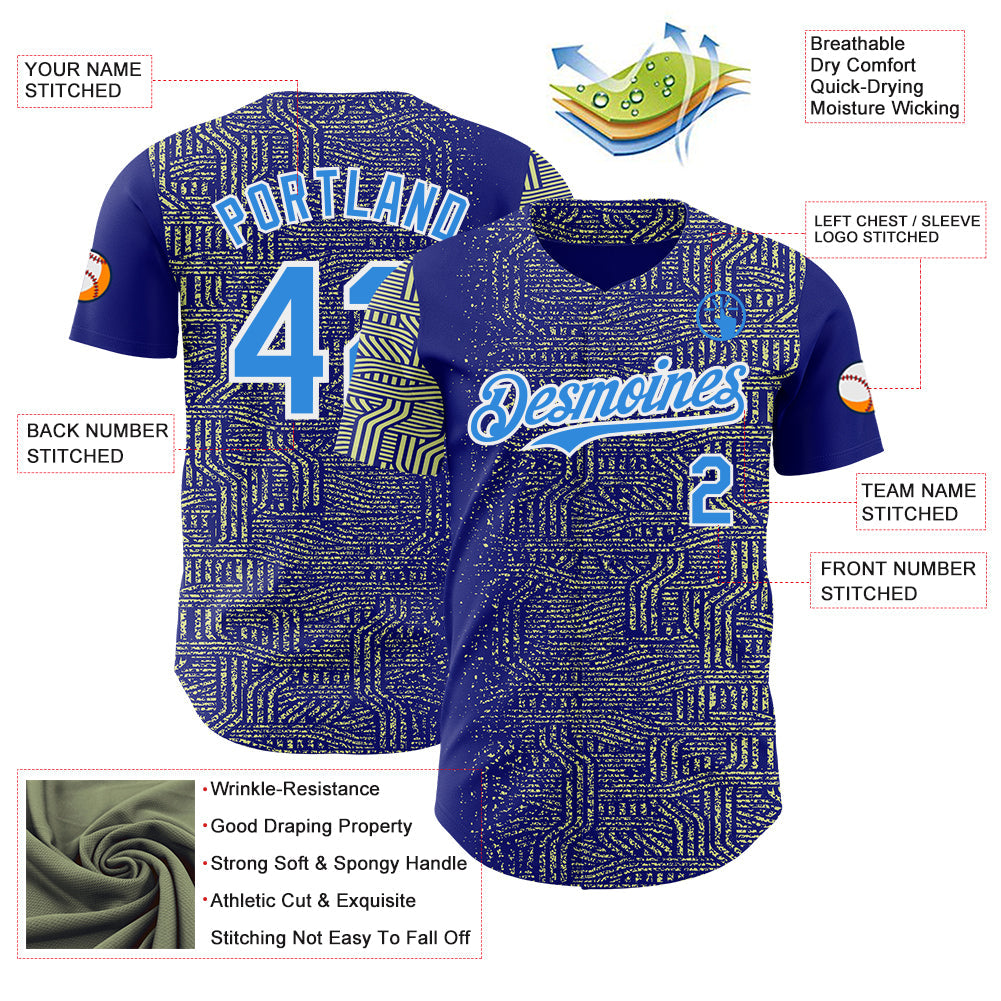Custom Blue Electric Blue Green-White Geometric Patchwork Asymmetry Authentic Baseball Jersey view 3