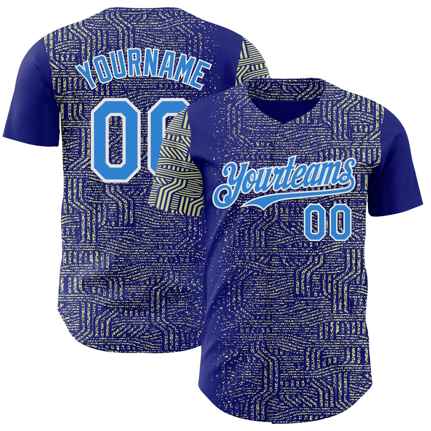 Custom Blue Electric Blue Green-White Geometric Patchwork Asymmetry Authentic Baseball Jersey - Main View