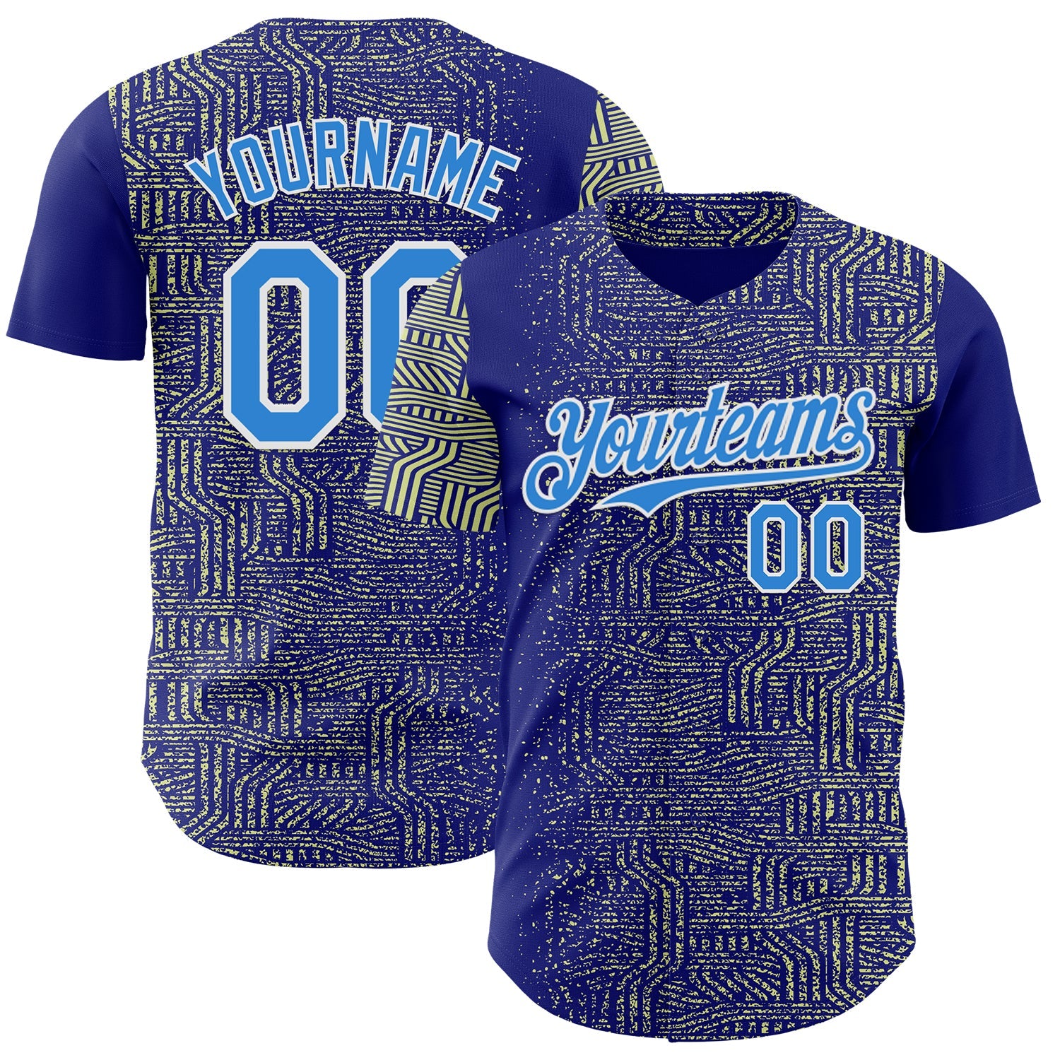 Custom Blue Electric Blue Green-White Geometric Patchwork Asymmetry Authentic Baseball Jersey - Main View