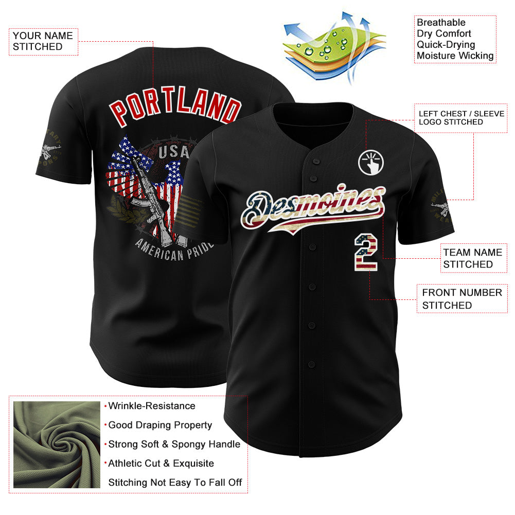 Custom Black Vintage USA Flag White-Red Patriotic Authentic Baseball Jersey view 3